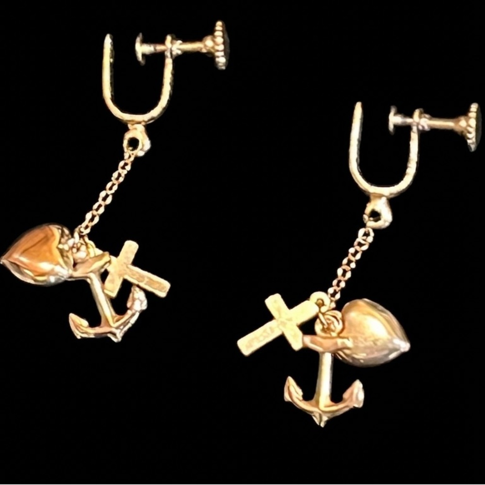 VTG Faith Hope Charity Dangle Earrings, Screw Backs, Heart Cross Anchor Charms